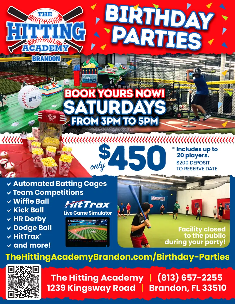 The Hitting Academy Brandon birthday party flyer: Saturdays 3 to 5 PM, $450 for up to 20 players
